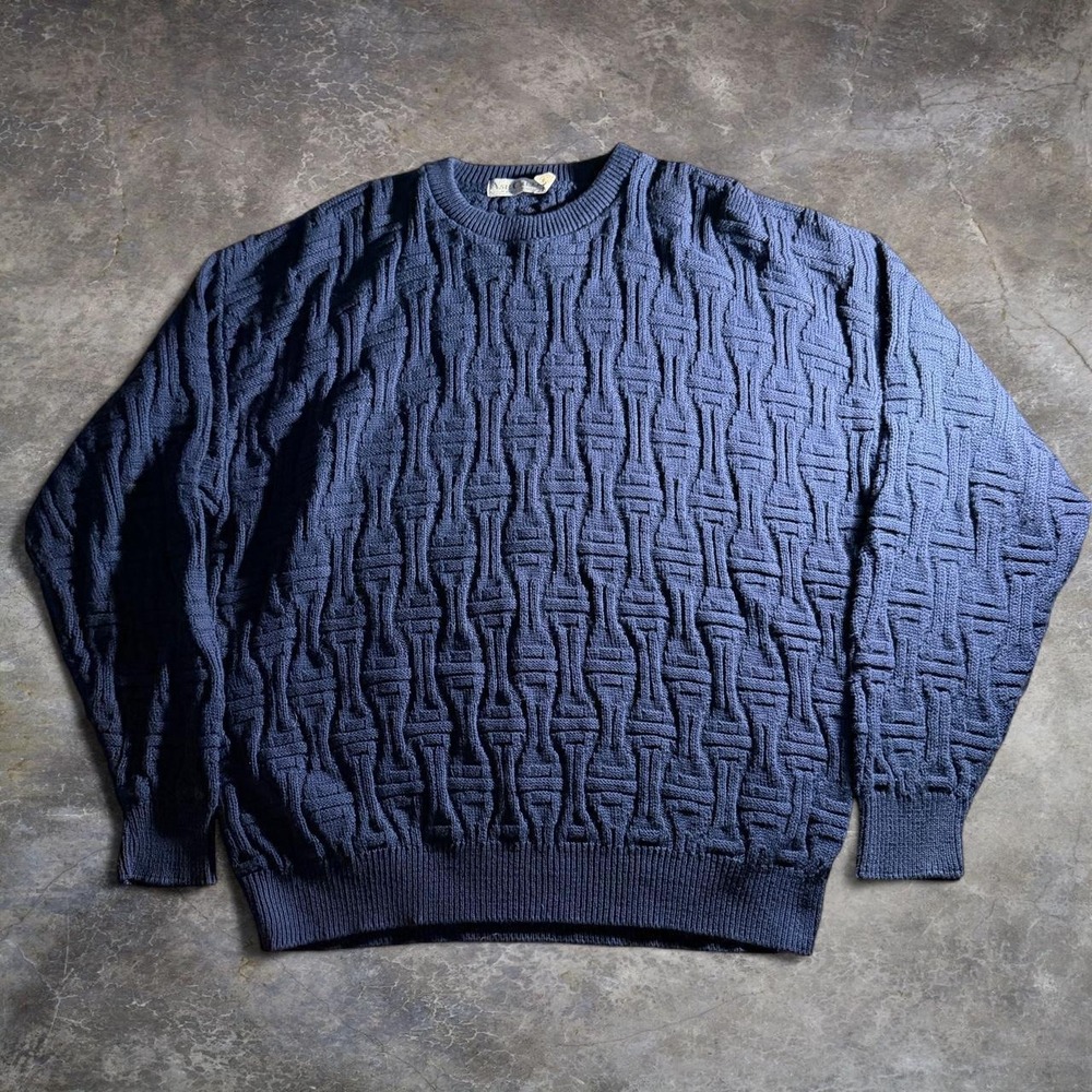 Ash Creek Traders Mens Navy Blue Geometric Cotton Knit Sweater Size L USA Made